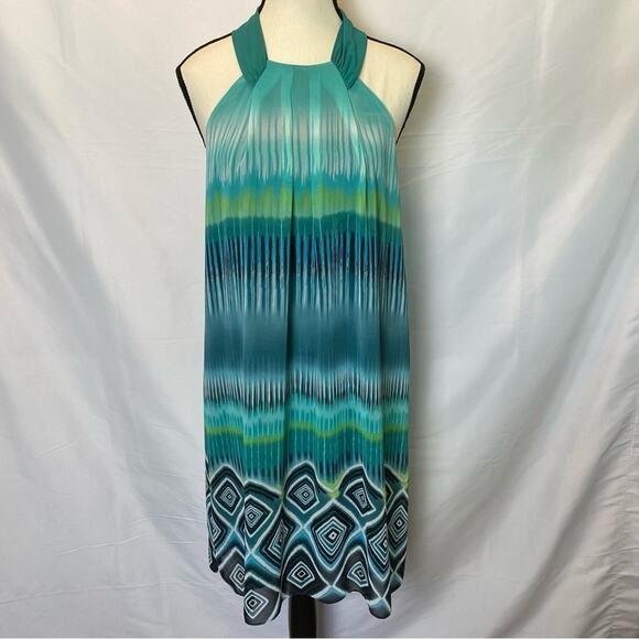 Sheri Martin New York High Neck Mini Dress Womens Size 12 Green Blue Keyhole - Picture 1 of 9